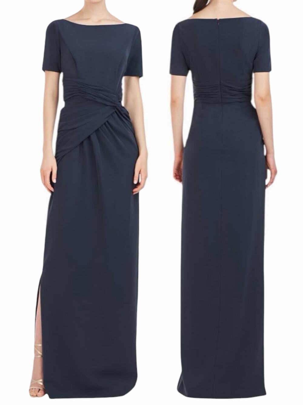 Kay Unger Garbo Gathered Column Gown Short Sleeve Carbon Blue Size 8